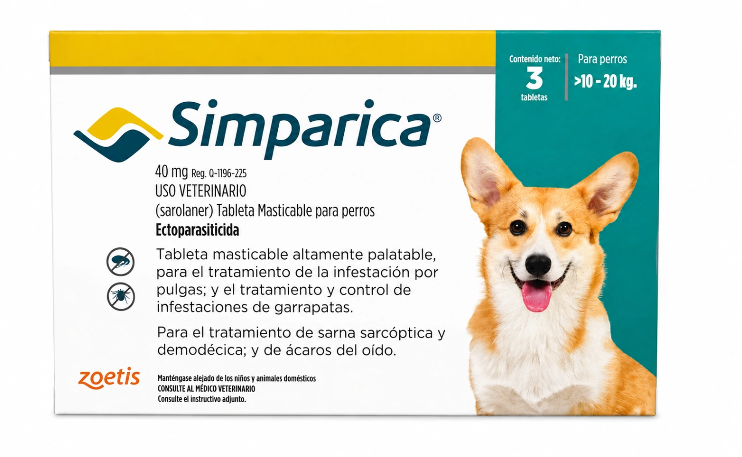 Simparica 40 mg 10 a 20 Kg x 3 Tabletas Simparica 40 mg 10 a 20 Kg x 3 Tabletas