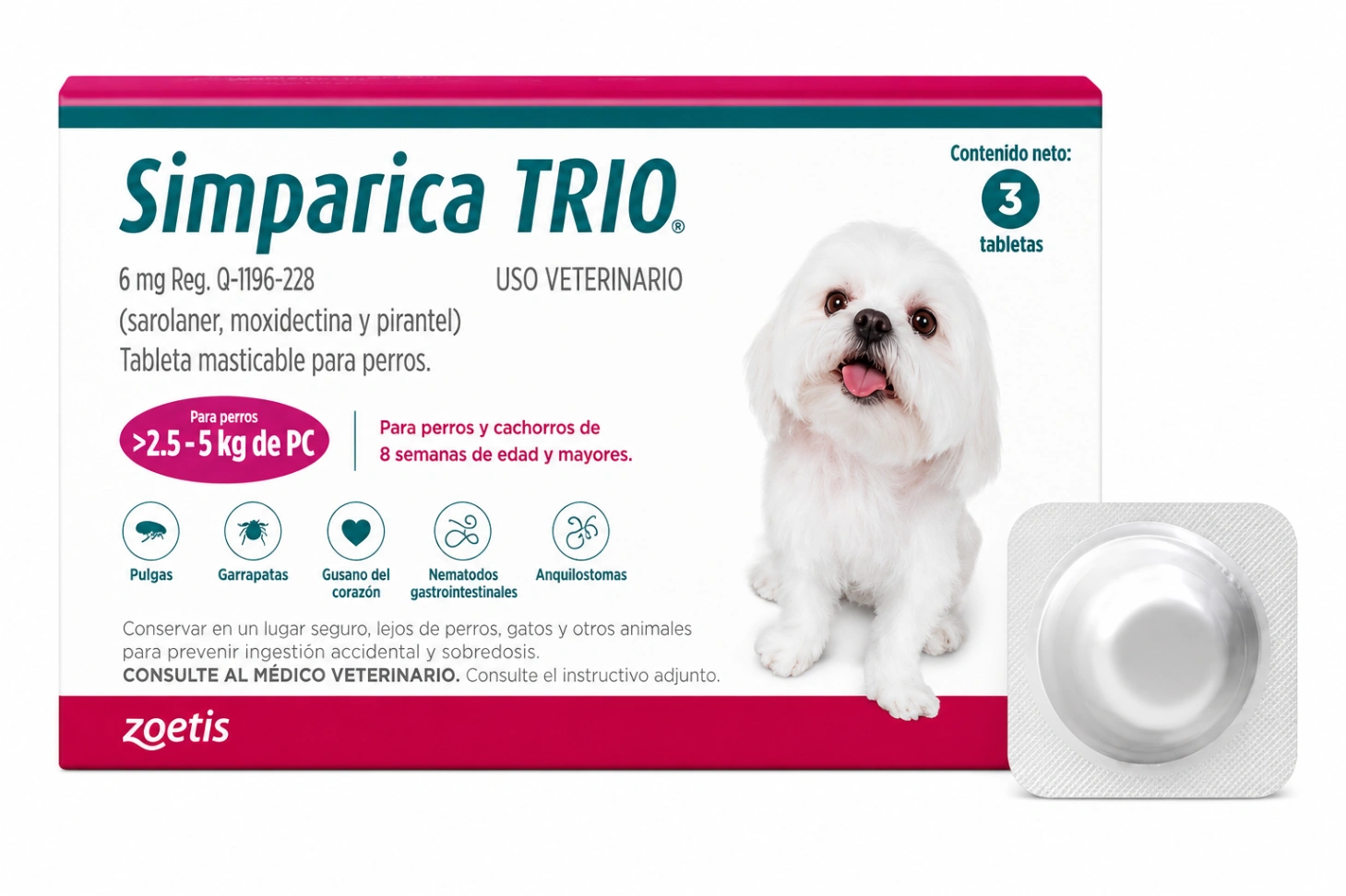 Simparica Trio Dorado 3 mg 1.25 a 2.5 kg x 1 Tableta