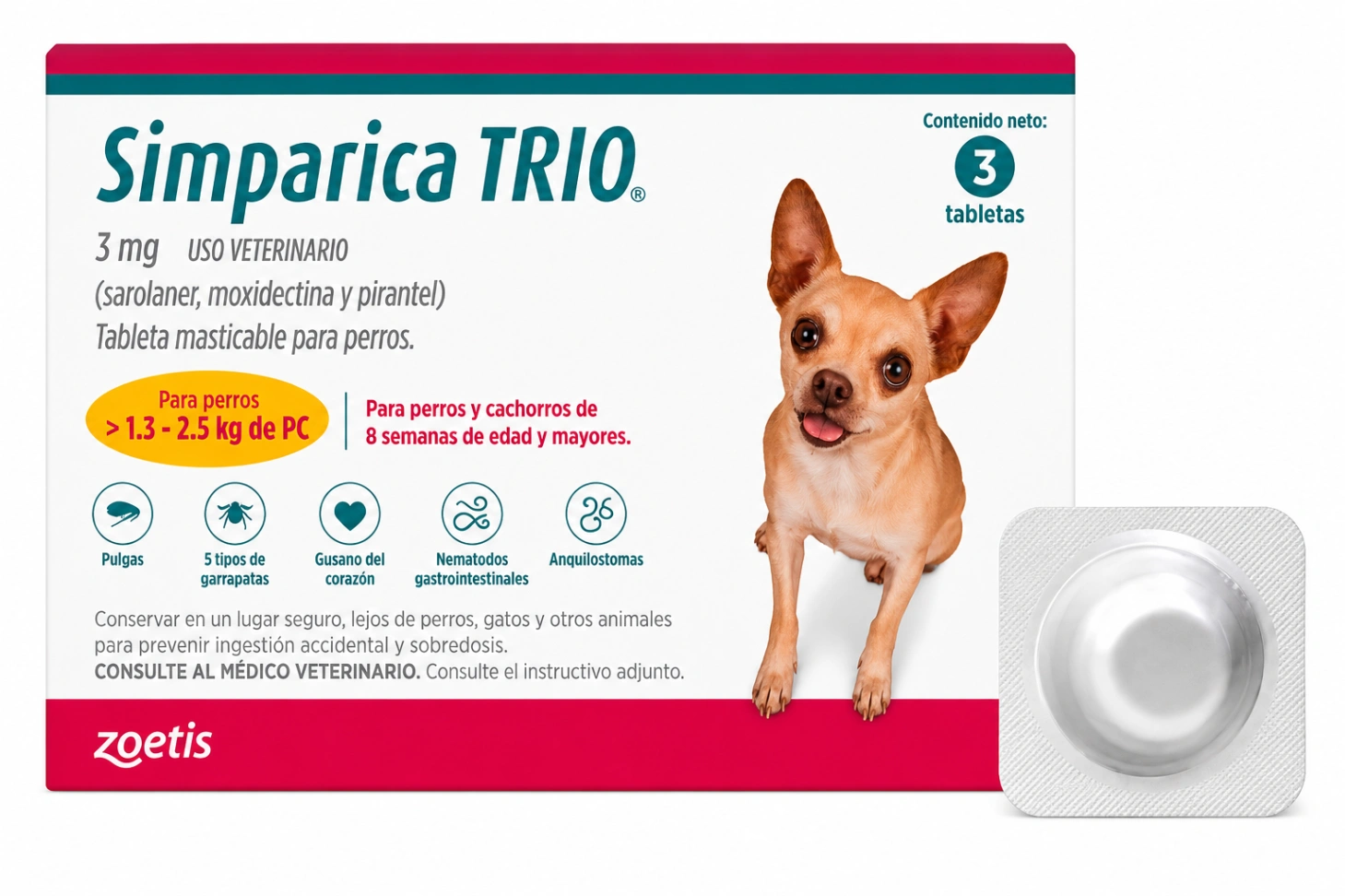 Simparica Trio Dorado 3 mg 1.25 a 2.5 kg x 1 Tableta