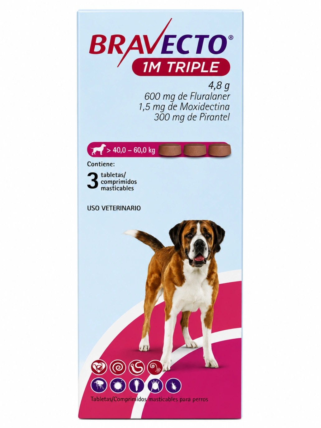 Bravecto 1M Triple 600 mg x 3 Tabletas (40 a 60 kg)